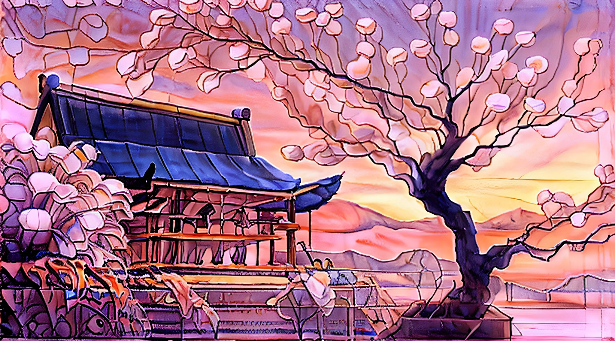 A serene mountain landscape at sunrise, with a solitary temple perched on a peak, surrounded by cherry blossom trees in full bloom, evoking a sense of tranquility and spiritual awakening, Illustration, digital art