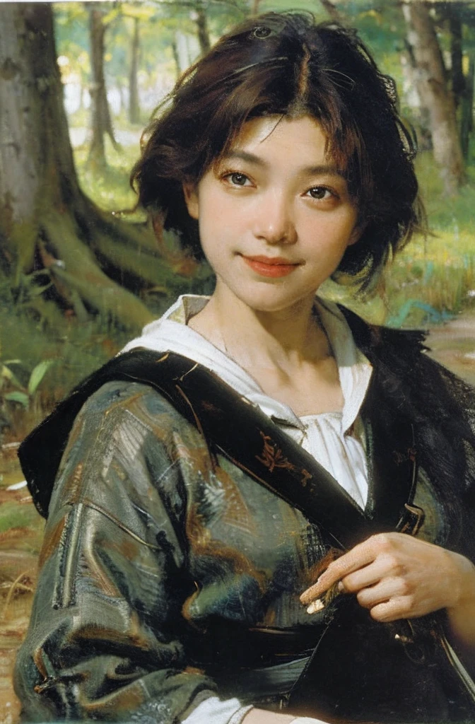 tmasterpiece， best qualtiy， Hyper-detailing， depth of fields， Ultra-high resolution， Sharp focus，
1 old woman，Exquisitely Detailed Skin，Room，ln the forest，（ssmile：0.6），Bright chestnut winter coat，fechin，（oil painted：1.4），grassy fields，butterflys，green leaf，（wooden cabin），edge lit、deep shading、Oil paints，acrycle painting，tmasterpiece，Renaissance style，best qualtiy