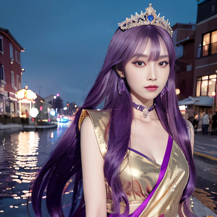 32K（tmasterpiece，k hd，hyper HD，32K）Long flowing bright purple hair，Autumn Pond，zydink， a color，  Asian people （Silly girl）， （Silk scarf）， Combat posture， looking at the ground， long whitr hair， Floating bright purple， Fire cloud pattern gold tiara， Chinese long-sleeved gold silk garment， （abstract ink splash：1.2）， white backgrounid，Lotus protector（realisticlying：1.4），Bright purple hair，Smoke on the road，The background is pure， A high resolution， the detail， RAW photogr， Sharp Re， Nikon D850 Film Stock Photo by Jefferies Lee 4 Kodak Portra 400 Camera F1.6 shots, Rich colors, ultra-realistic vivid textures, Dramatic lighting, Unreal Engine Art Station Trend, cinestir 800，Long flowing bright purple hair