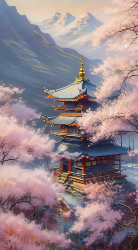 A serene mountain landscape at sunrise, with a solitary temple perched on a peak, surrounded by cherry blossom trees in full blo...