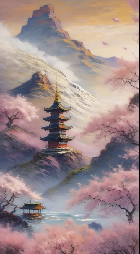 A serene mountain landscape at sunrise, with a solitary temple perched on a peak, surrounded by cherry blossom trees in full blo...