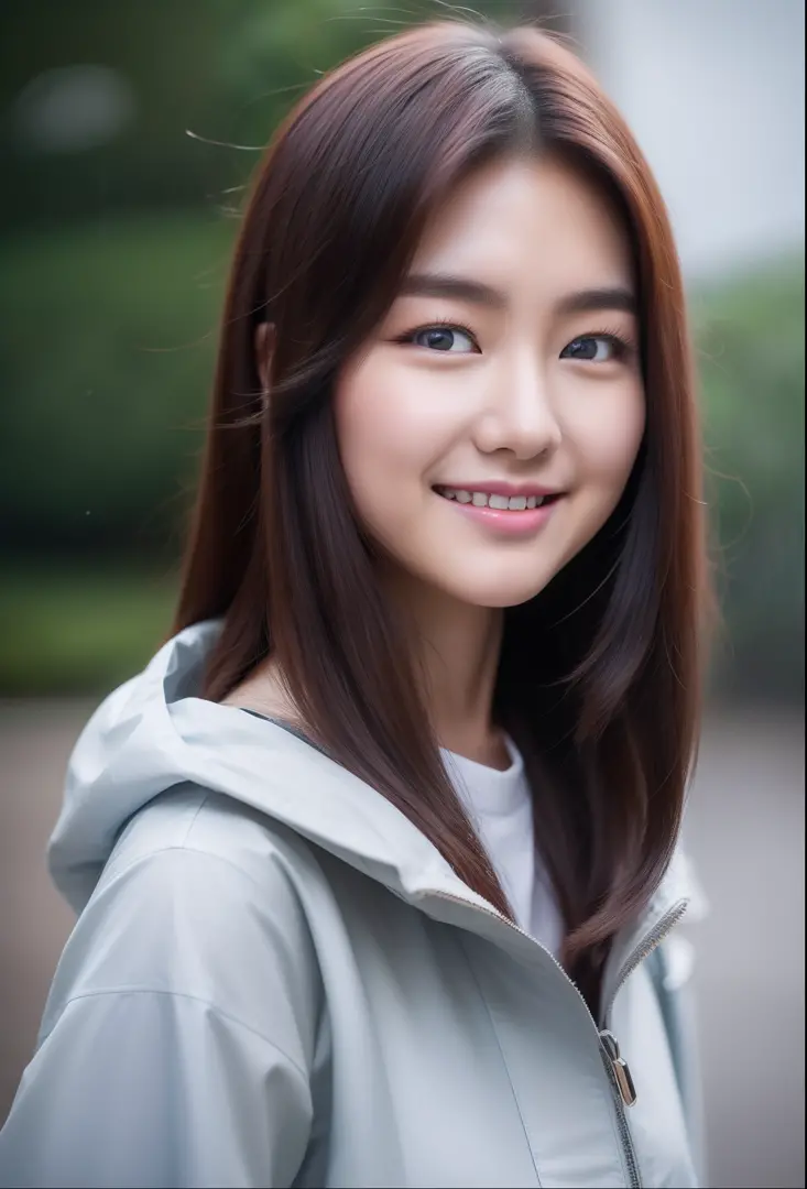 realistic photos of (1 cute Korean star), hair between the eyes, White skin, thin makeup, Bust size 32 inches, slight smile, Wear a raincoat., In the rain, At town., close up shot, 11