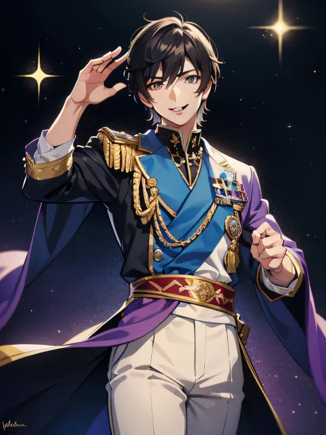 1 guy looking manly, wearing a prince costume, black hair, smiling, sparkling eyes, high-resolution, 8k masterpiece, looking at ...