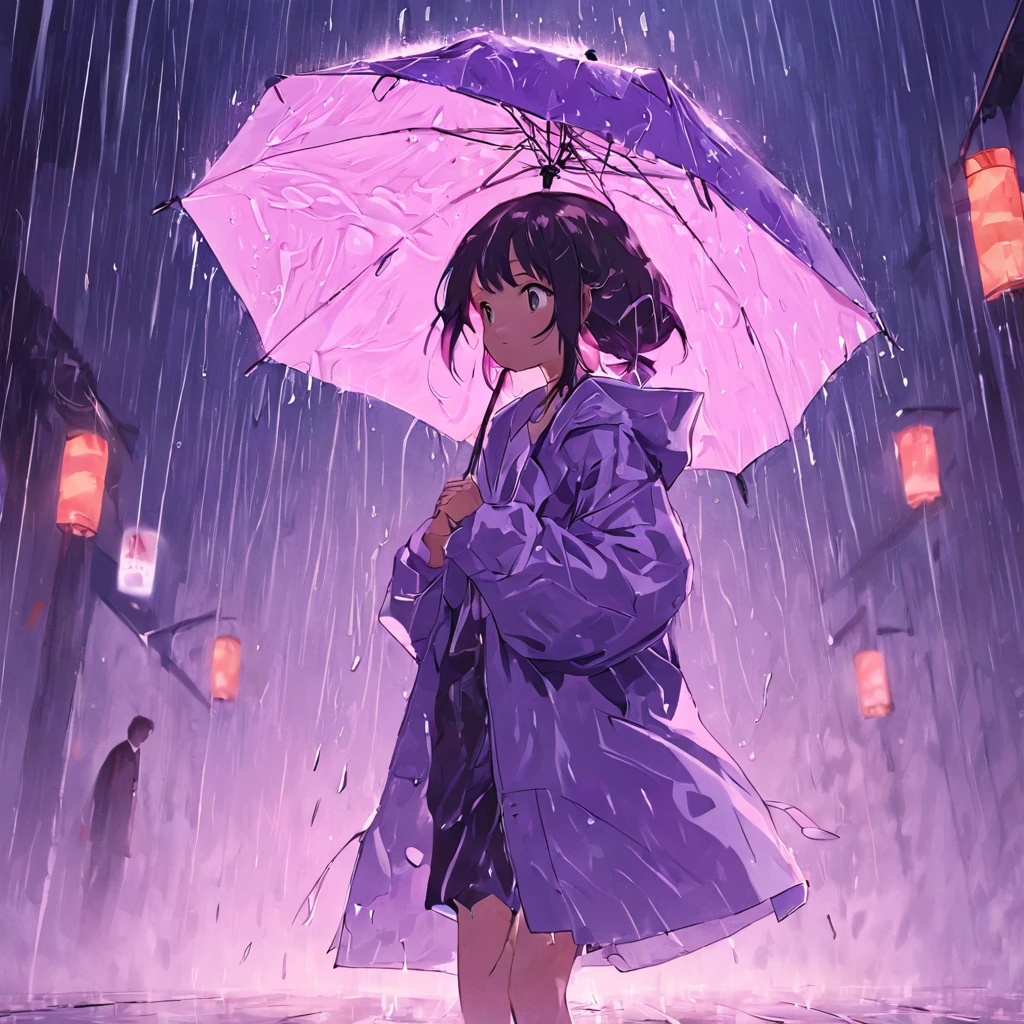 Anime girl in raincoat holding umbrella in the rain - SeaArt AI