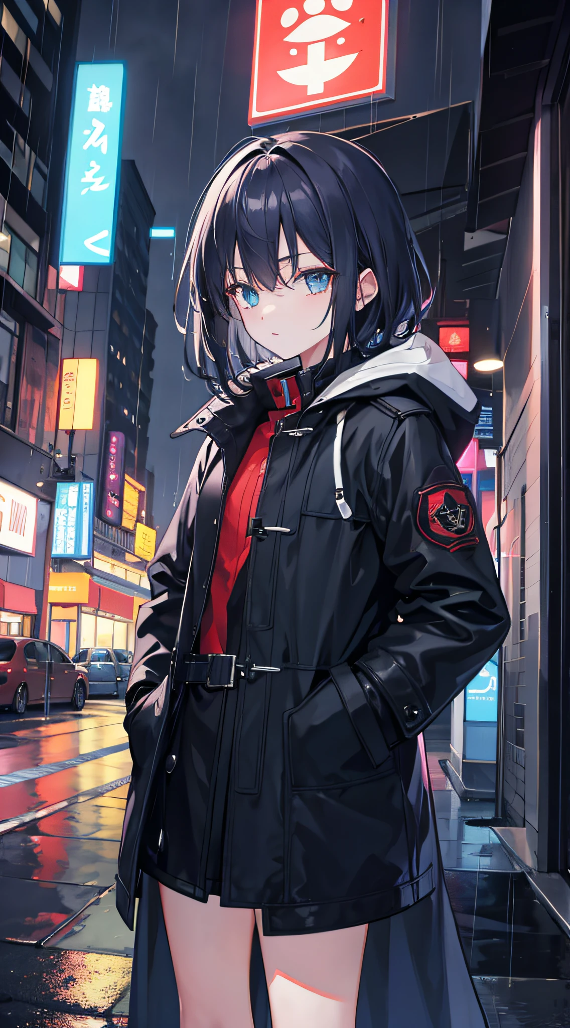 1girl, Night City, rain, coat, hands in pockets