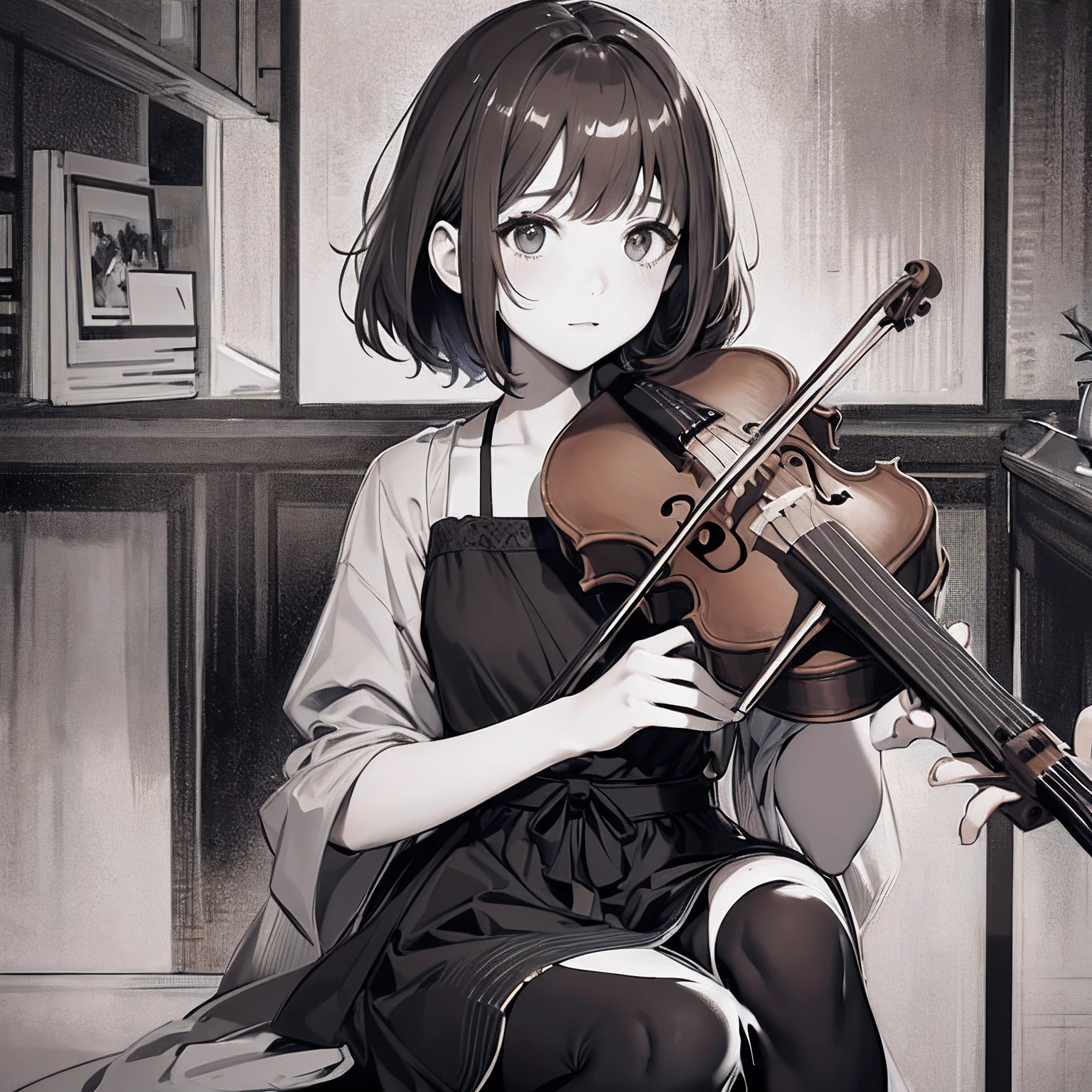 Anime girl playing violin in a room with a piano and a piano - SeaArt AI