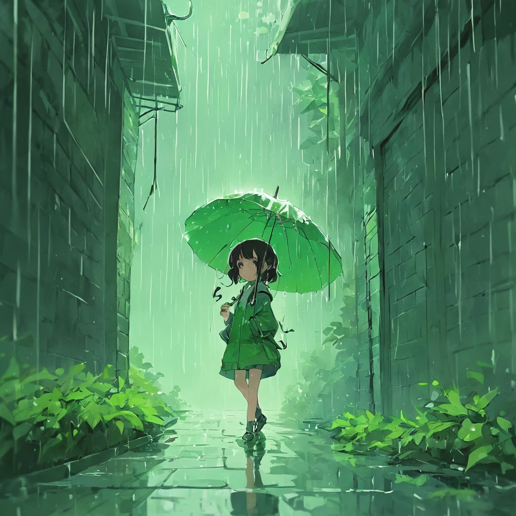 Rain Alley，A sprig of cloves sticks out of the wall，Girl walking down the alley with oil-paper umbrella，Drizzle，Spring rain，Green spring，Gangnam style，moss，Green bricks(White background:1.4),(Silhouette of a girl's head, Eyes closed, Oriental elements)，(Chinese illustration:1.3，paper art:1.3, Quilted paper art:1.2),( reasonable design, Clear lines, High sharpness,Best quality, Very detailed, Masterpiece, movie light effect, 4K )