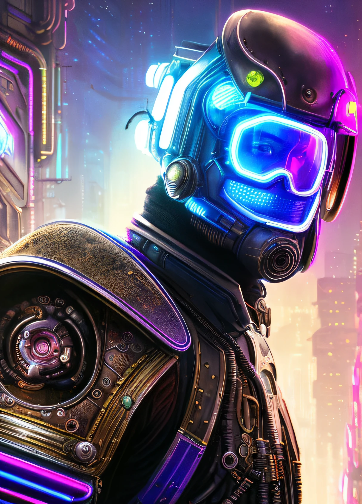 scifi style,(Realistic sci-fi cyberpunk rider),((Steam punk)), (Neon cyberpunk background), Close-up portrait art by Donato Giancola and Greg Rutkovsky, Retro retro sci-fi, Realistic, Digital art,trending on artstationh, 4K,extremly high detail, Ultra HD, hdr, 8K, extremly high detail