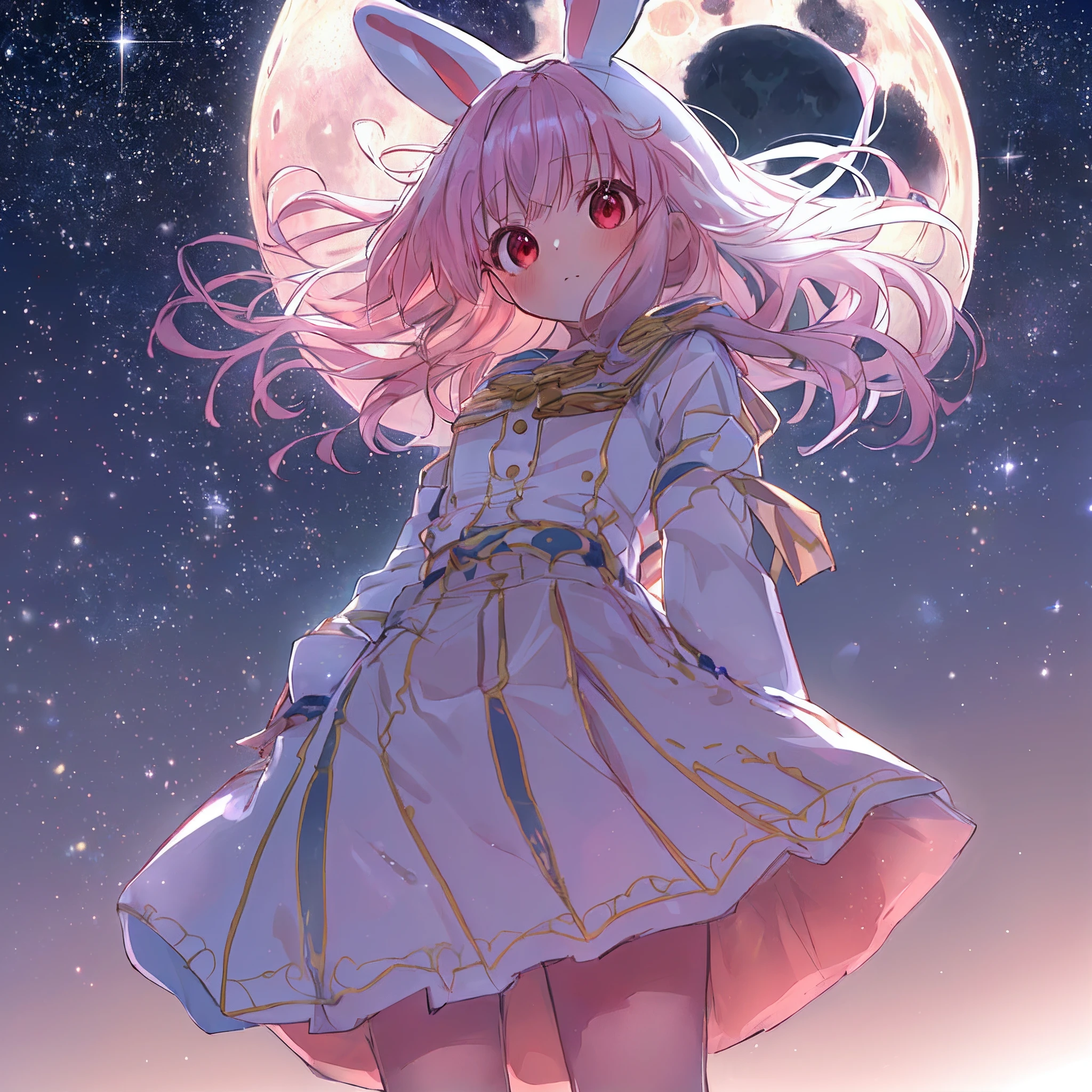 absurderes, hight resolution, (Anime style:1.1), ((masutepiece)), ((Best Quality)), (Ultra-detailed), (Beautiful), 独奏, Beautiful face、(liftup),12year old、Detailed outer space、Realistic beautiful stars々、(Cute girl in rabbit costume、Looking up at the starry sky from the surface of the moon:1.4)、Pink colorful hair, Red Eyes,Looking at Viewer,Lens Flare,Dramatic, (Skirt lifted by the wind:1.3)、from the rear、full body Esbian、(Low position,From below:1.6)、Detailed universe、beautiful milky way