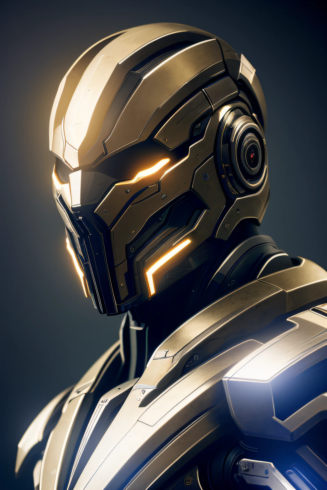 best quality, cgunity, 8k, raw photo of (beautiful:1.2) cyborg man, warframe style, black gold, ultra detailed, ambient light, volumetric lighting, realistic, realistic lighting, cinematic lighting, depth of field, sharp focus, dynamic pose, face focus, looking at viewer, (high contrast:1.2), (film grain)