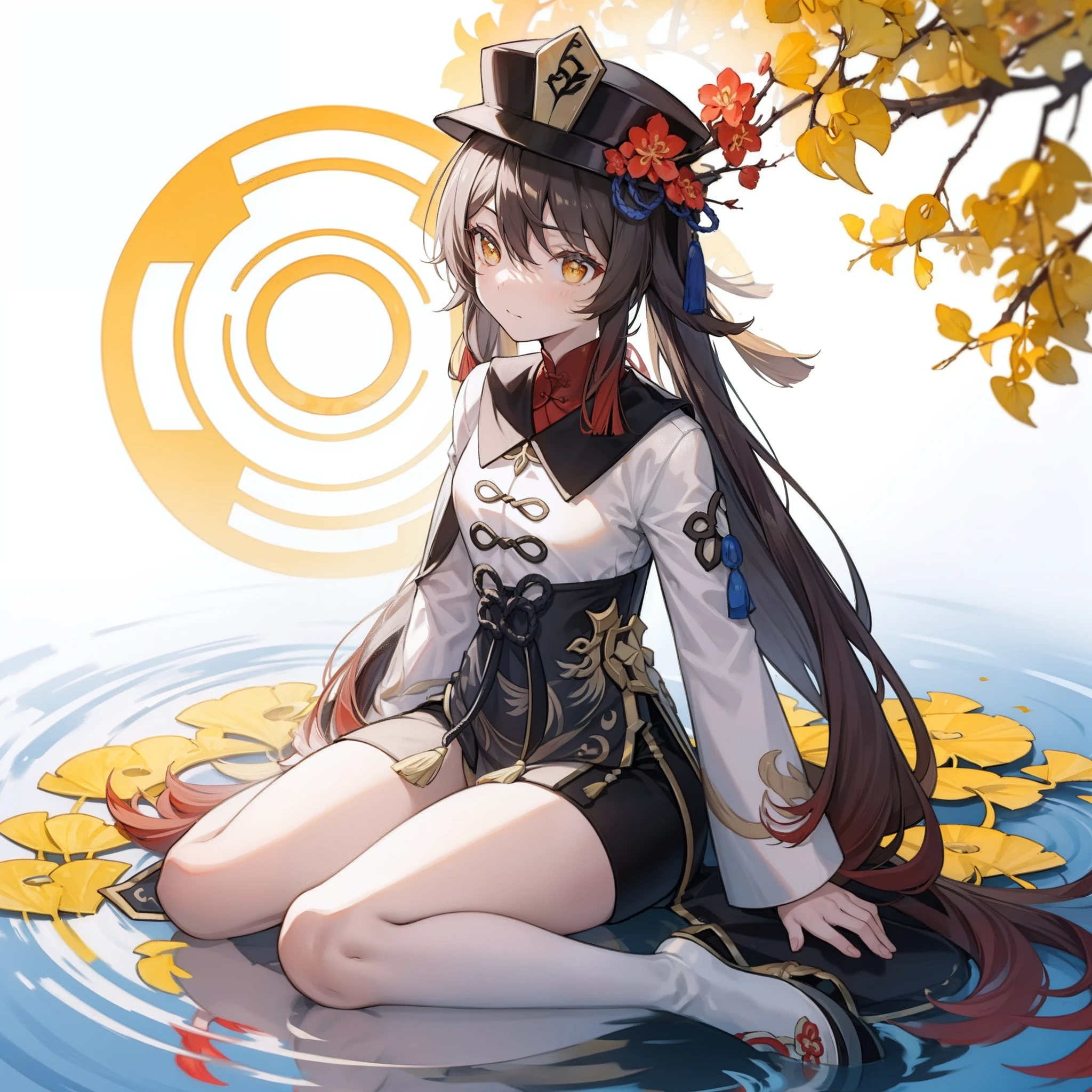 yellow Chinese ginkgo biloba leaves pattern white background, Hu tao from genshin impact, casual outfit, facing sideway, sitting, circle in the middle, long hair, water reflection,
