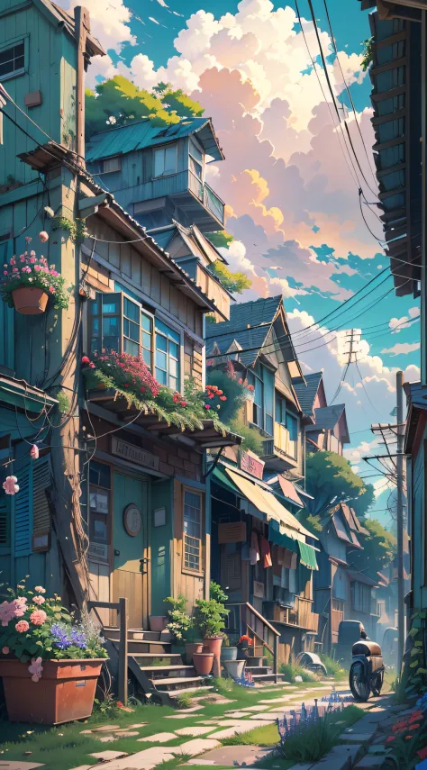 Very cozy little place, surrealism, (Makoto Shinkai anime: 0.4), dilapidated old houses on city streets, home wiring, outdoors, sky, clouds, daytime, landscapes, trees, blue sky, buildings, signs, wires, railings, Wide shot, telephone poles, town, wilderne...