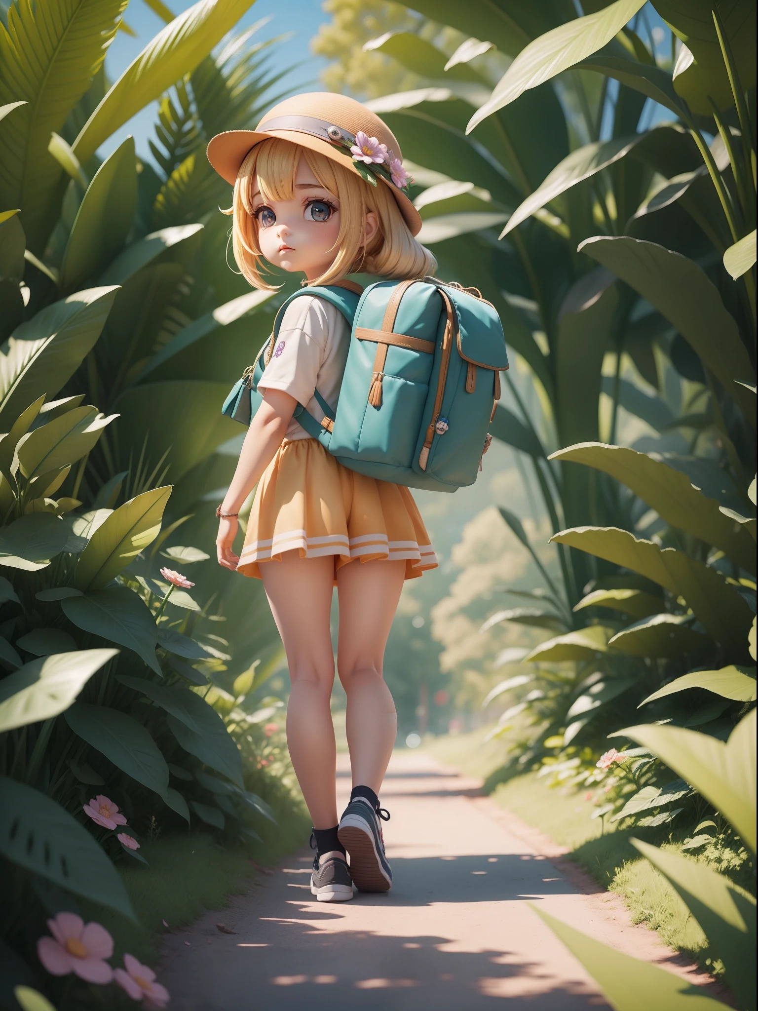 There is a poster with a cartoon character in a hat and backpack, Explorer Girl Mini Cute Girl, round face, big surprised eyes, long eyelashes, Walks along the path, Flower jungle, Giant ferns, Huge flowers, animation style render, cute 3d rendering, Small characters. Unreal Engine 5, anime stylized, cute detailed digital art, Atey Ghailan 8 K, stylized 3d rendering, Adventure Surreal Rendering, Anime Style 3D, 3d rendering stylized