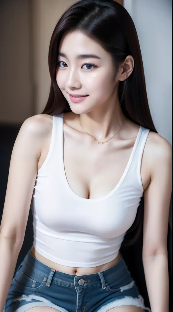 realistic photos of (1 cute Korean star), hair between eyes, white skin, thin makeup, 32 inch breasts size, slightly smile, weearing black tank top, shorts, in the movie, close-up, 16k