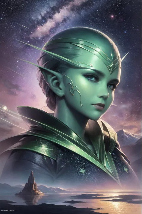Two androgynous alien creatures, full face, portrait, straight on, complete face, cosmic background, high-detail, photo green blue purple glitter Starry Sky with Mountains and Lake, Jessica Rossier, Inspired by Jessica Rossier, Jessica Rossier Fantasy Art,...