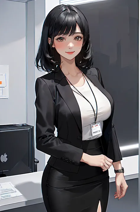 /(Modern office indoors/), 1 Lady Solo, /(Black medium hair/) Bangs ...