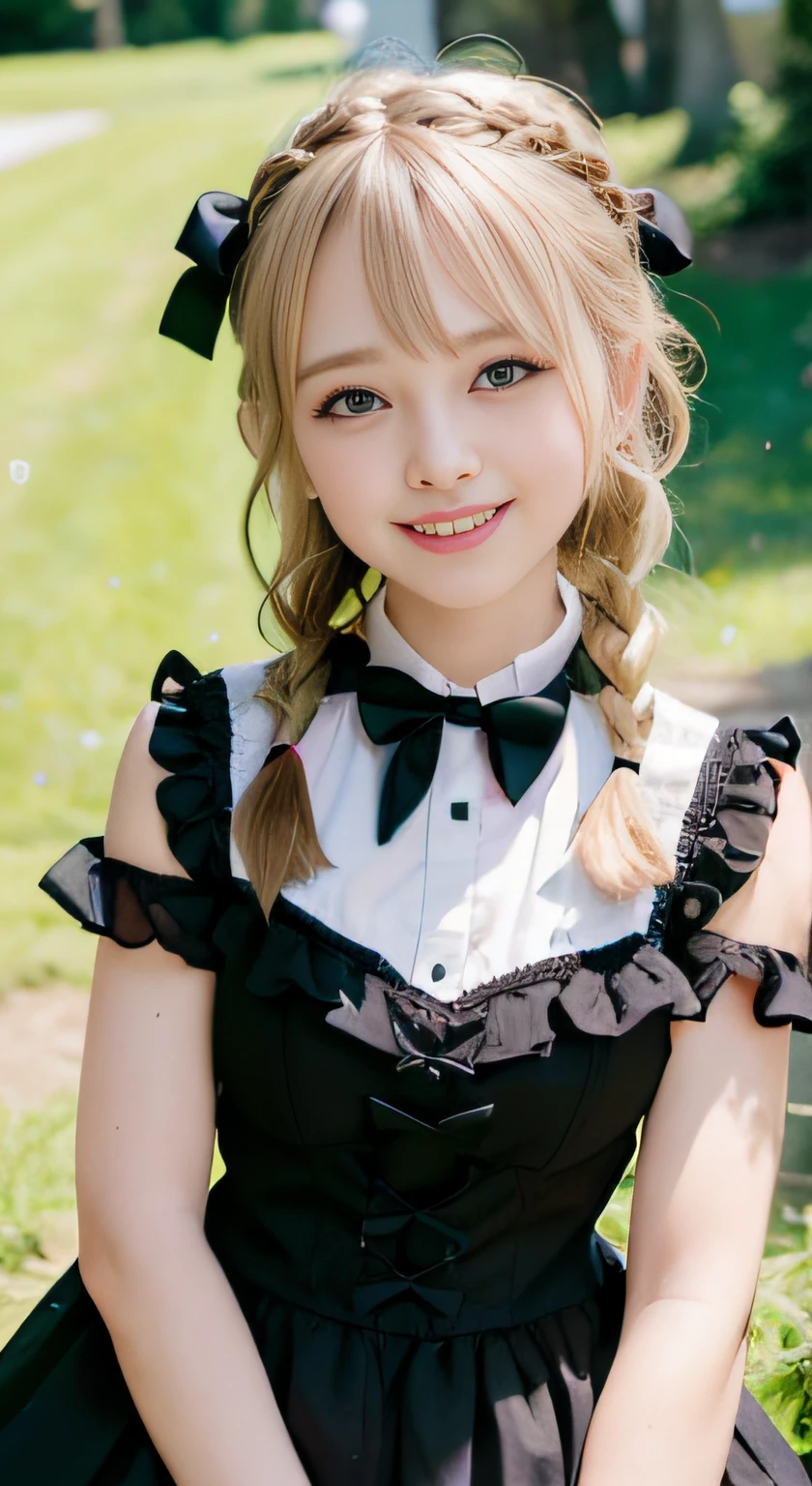 (ultra-detailliert), Cute princess dresses in black color,(frilly dress),(shortsleeves),Blue eyes,The upper part of the body、a closeup、faces、(A smile:1.5),(facing front:1.2), 20yr old, teens girl,no tail,(no tail),2D, ​masterpiece, top-quality, animesque, A detailed eye, A detailed face, girl with, Only 1 person,Blonde medium hair, (Golden head hair),  Ear Hair, small tits, Single braid, (Single braid), (Side braid), Pink ribbon, Ribbon around the neck, (White sleeves), Background bokeh