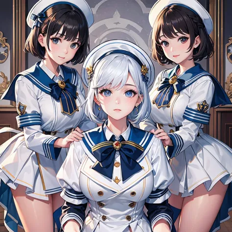 ​masterpiece、top-quality、hight resolution、High-quality images、8K、Three Maidens、detaileds、Detailed eye depiction、skin gloss、shinny hair、Shorthair、Soft hair、anastasia、portlate、Three Girls、Matching clothes、White sailor hat、Tomboy