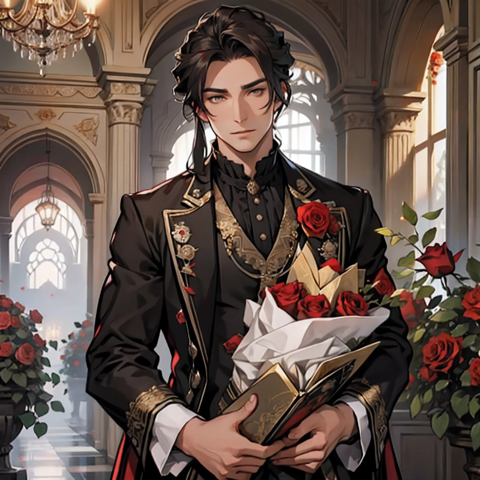 Victorian male opera singer，Nightingale with roses，The black and red costumes have rose elements，Noble hairstyle，male people