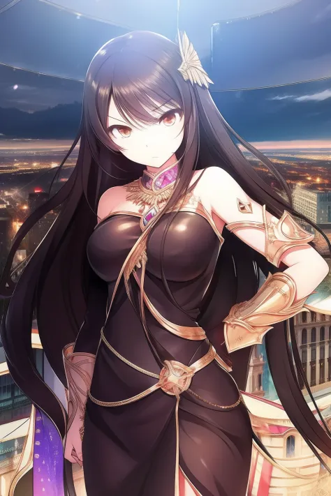 An adult female in a city，Has long and silky black hair in messy layers, Warm brown eyes reflect compassion and kindness. Her confident demeanor and elegant figure exude elegance，Stand in front of an impressive city background. Wear a delicate dark brown o...