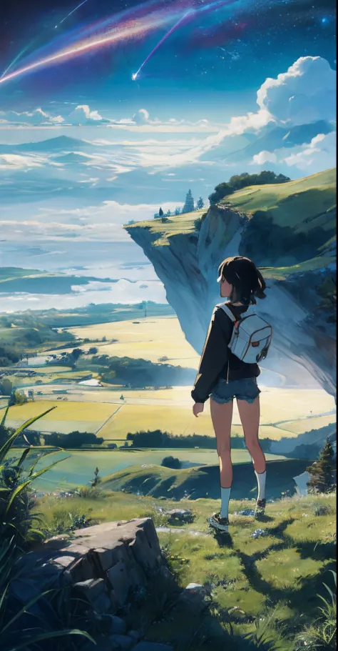 Vast starry skies, Beautiful skyline, large grasslands, Very tense and dramatic picture, shapely legs, Small white shoes, moving visual effects, hanging North Star, colorful natural light. Long-sleeved blouse, Denim shorts, Teenage girl with backpack.
