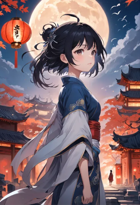 A girl with short black hair stands on the tower of an ancient Chinese city，There is a bright moon in the background of the night，There are fallen leaves in the air，A white Chinese dragon flew in the sky，high qulity，ultra-clear，124k，Anime comic style，beaui...