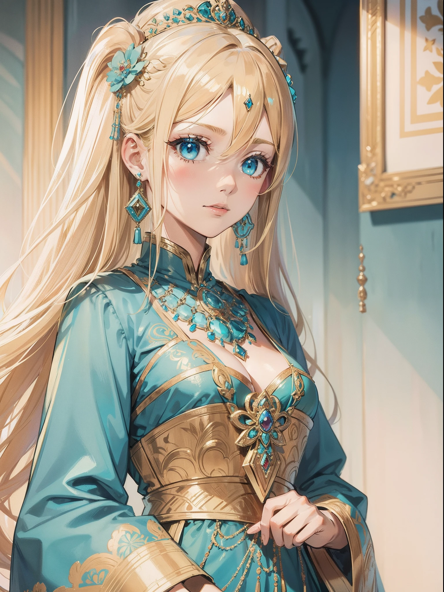 tmasterpiece，Highest image quality，Beautiful bust of a royal woman，Delicate blonde hairstyle，Turquoise eyes，Decorated with dazzling intricate jewelry，super detailing，upscaled。