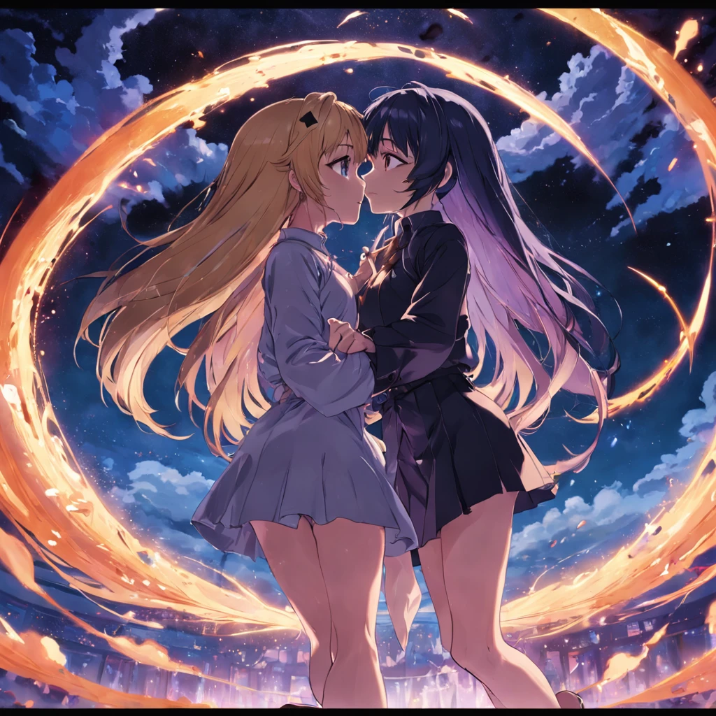 Two anime girls are kissing in front of a circular fire - SeaArt AI