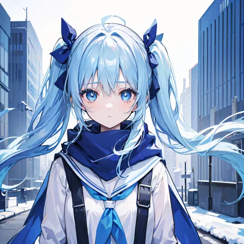 1girl, with light blue twintails hair and blue eyes, wearing 2 hair ribbon and a blue and white school uniform. The scene is set in winter, with the girl looking directly at the viewer. This image can be used as a profile picture.City background.Masterpiec...