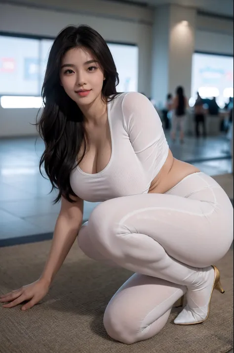 Curvy chubby long hair, smile, sexy Korean adult women, white yoga pants, sexy tight shirt, wide curvy tall body, show feets, show heels, long legs, show alls body, ultra sharp highest quality, 8k, perfect white skin, texture skin realistic detailed, perfe...