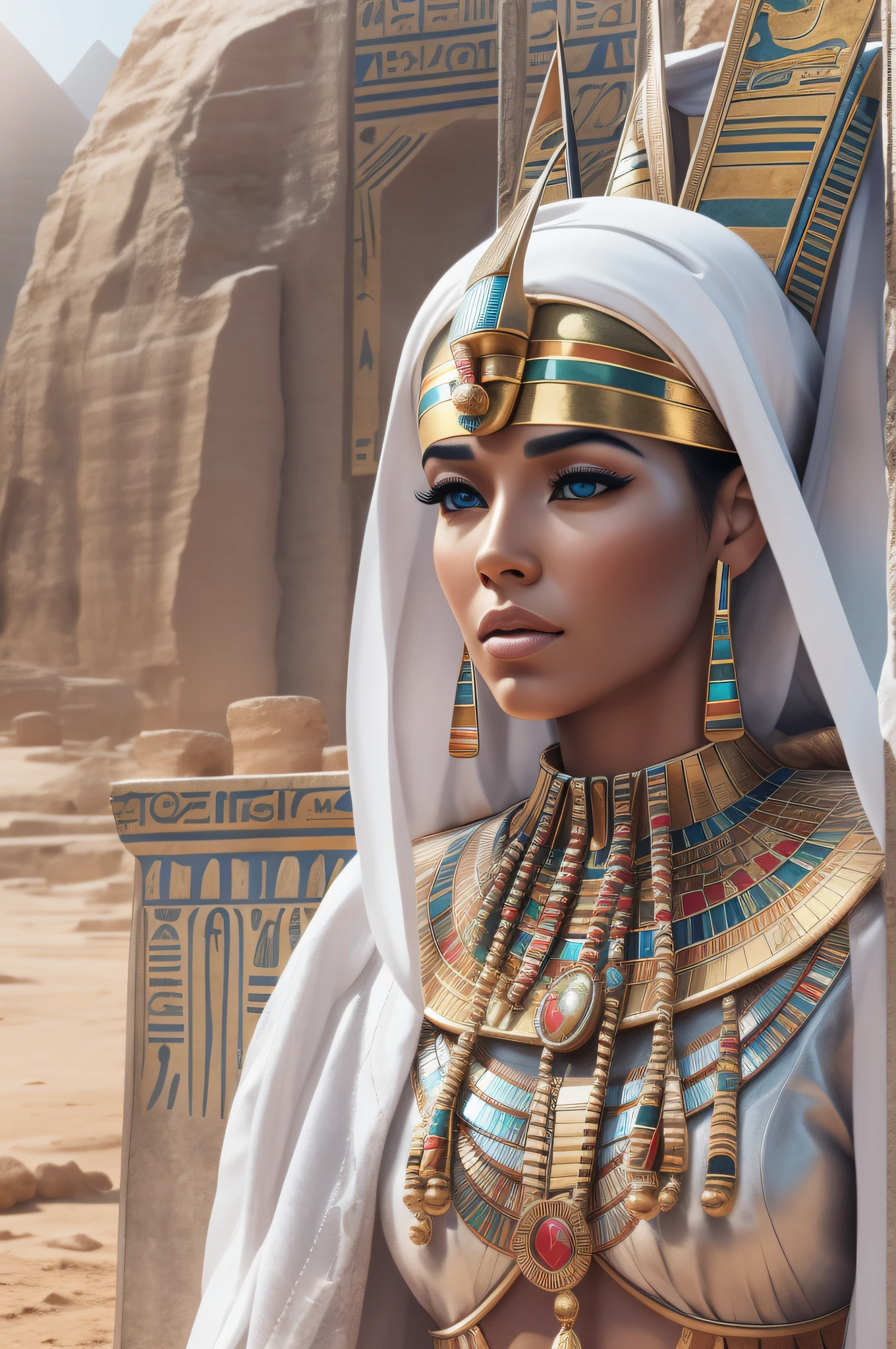 Futuristic Egyptian Queen character in a futuristic white clean world setting HD photography, ultra-realistic, King Tut, 4k, hyper-realistic, sharp texture, color