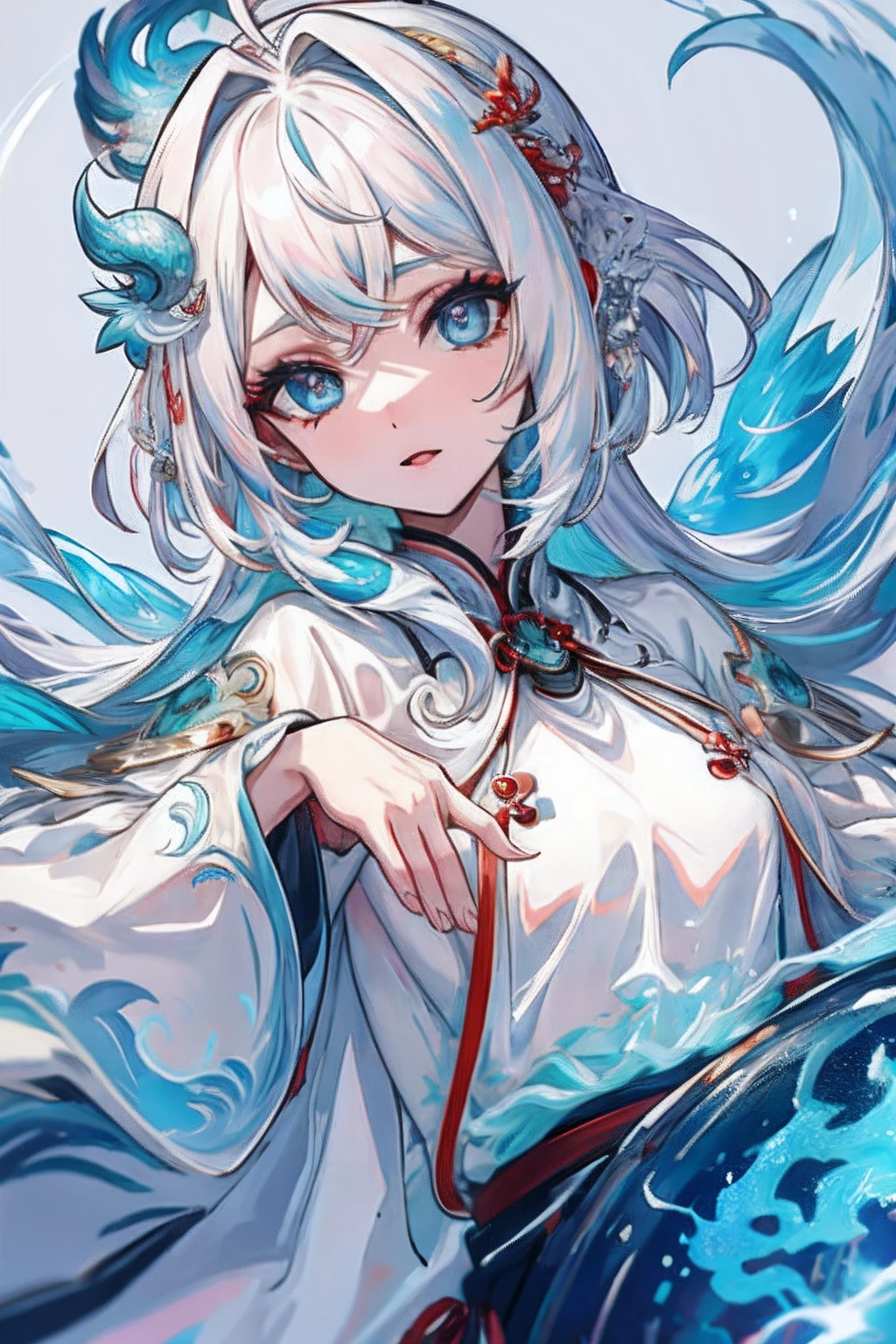 1girl, half Ice Dragon, olhos azuis, cabelos brancos, medieva