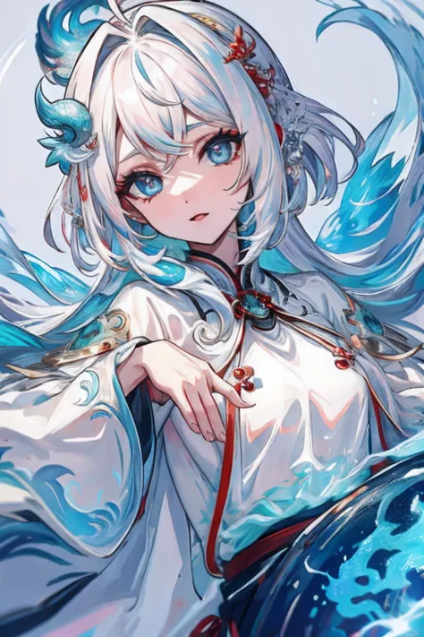 1girl, half Ice Dragon, olhos azuis, cabelos brancos, medieva