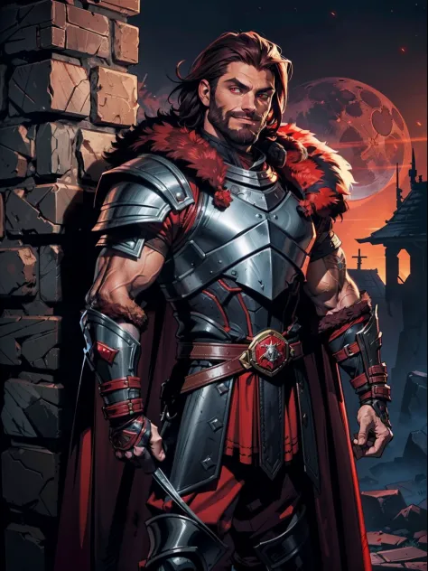 Dark night blood moon background, Darkest Dungeon style, standing by the wall. Todd Smith as Ares from Xena, athlete, short mane...