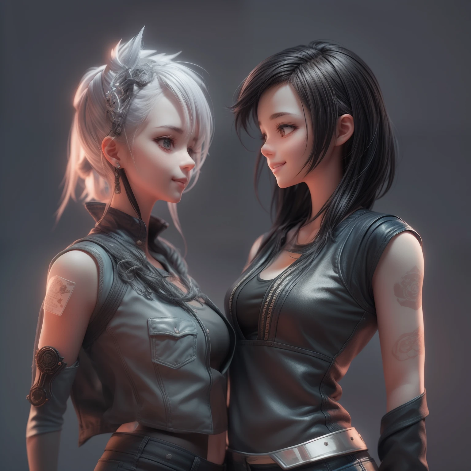 Movie Angle,(2 cute maidens face to face,1 black hair,1 white hair,Anatomically correct,A half body,Masterpiece: solidcolor,greybackground,Representative Works: Cyberpunk gray top,Black leather skirt,denim short,Smile),(illustration,paper art,a 3D render),(Extremely colorful, Best quality, high detal, Masterpiece,  Cinematic lighting, 4K, Chiaroscuro)