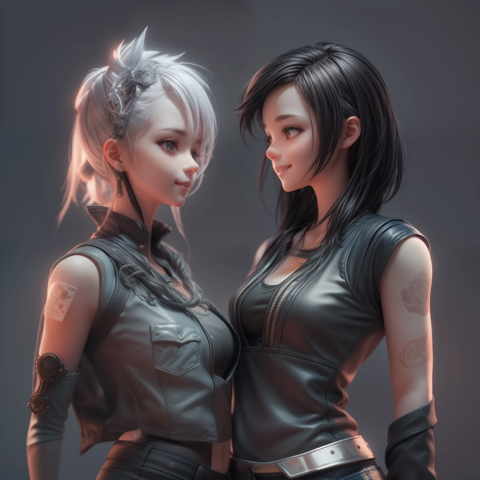 Ângulo do filme,(2 lindas donzelas cara a cara,1 cabelo preto,1 cabelo branco,anatomicamente correto,Um meio corpo,Obra de arte: cor sólida,fundo cinza,Trabalhos representativos: Top cinza cyberpunk,saia de couro preta,short jeans,Sorriso),(ilustração,arte em papel,uma renderização 3D),(EXTREMAMENTE COLORIDO, melhor qualidade, alto detalhe, Obra de arte,  iluminação cinematográfica, 4K, claro-escuro)