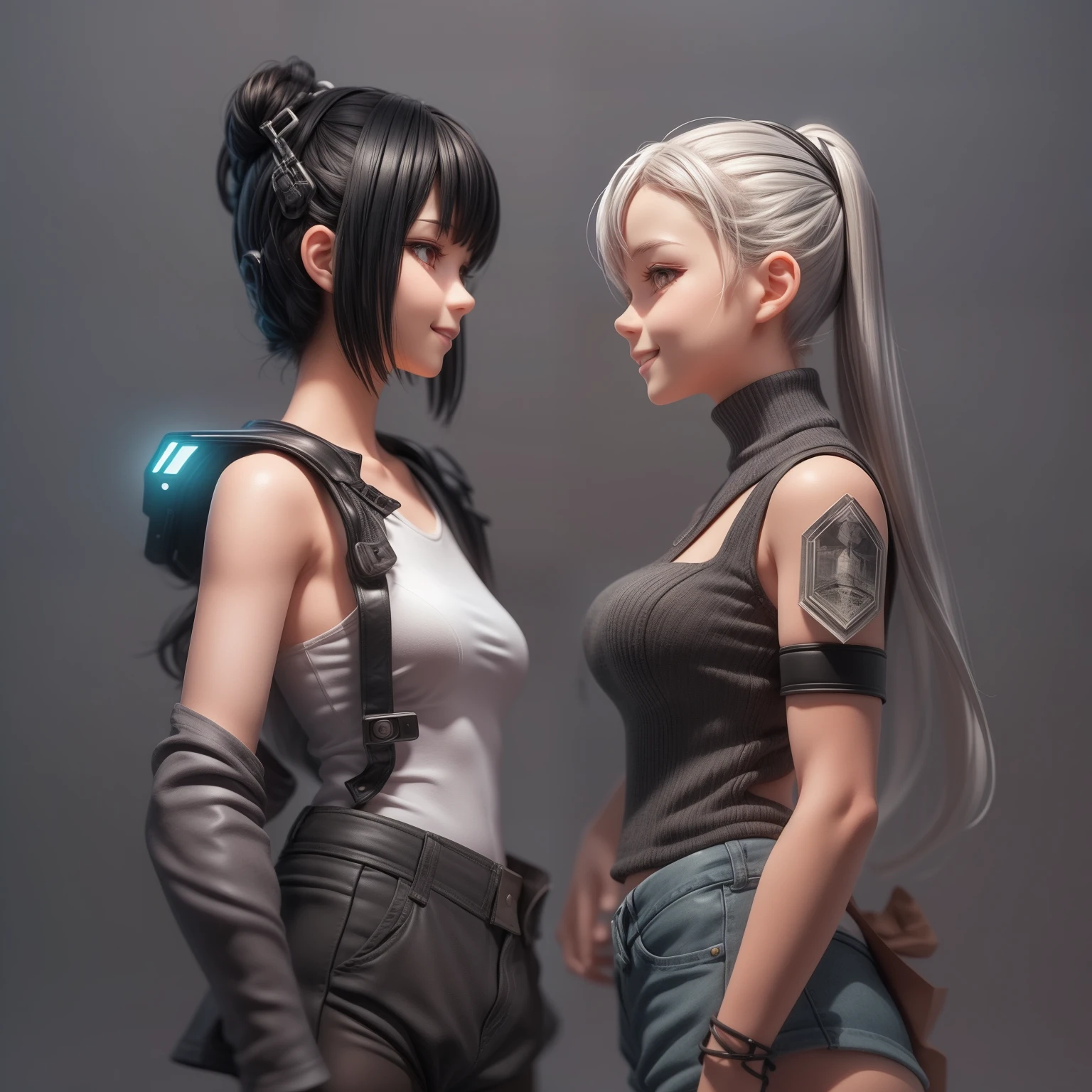 Movie Angle,(2 cute maidens face to face,1 black hair,1 white hair,Anatomically correct,A half body,Masterpiece: solidcolor,greybackground,Representative Works: Cyberpunk gray top,Black leather skirt,denim short,Smile),(illustration,paper art,a 3D render),(Extremely colorful, Best quality, high detal, Masterpiece,  Cinematic lighting, 4K, Chiaroscuro)