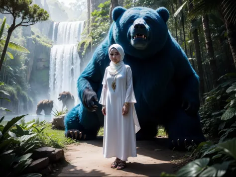 cute malay girl in hijab and wearing white baju kurung with 1 extra large blue angry bear behind her, fantasy jungle background,...