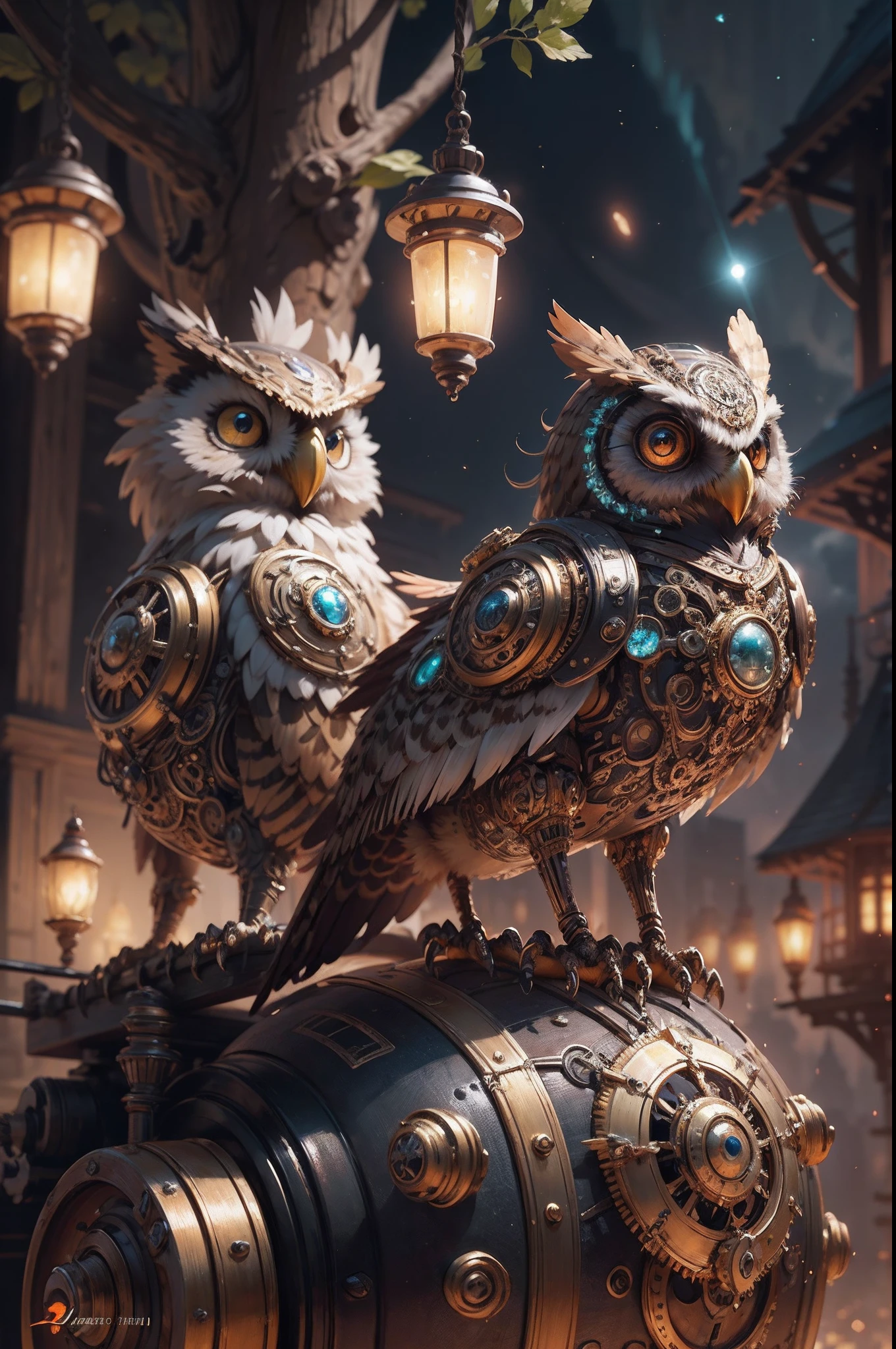 (masterpiece, high quality), concept art of a beautiful ornate mechanical steampunk owl, looking at viewer, anime owl, sitting on a tree branch, extremely detailed eyes, dark nebula bioluminescence sky, (3d style:0.5), bokeh, ultra realistic, sharp focus, intricate, sharp details, highly detailed, rich color, 8K