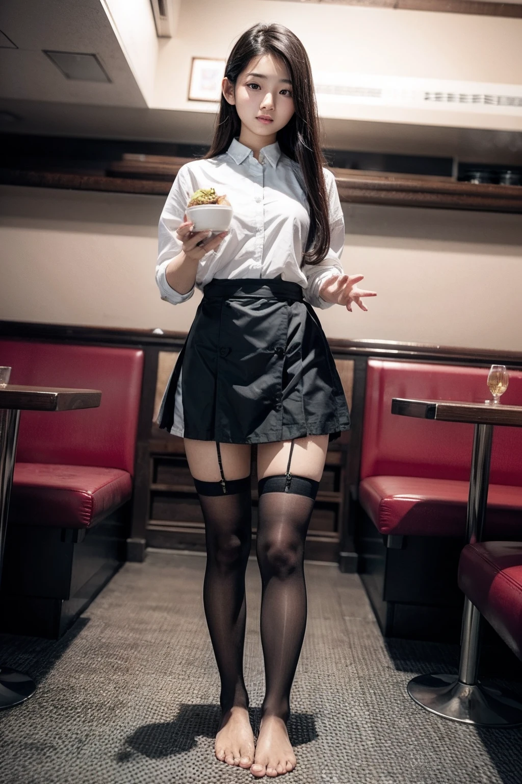 Araffe asian woman in a skirt and stockings holding a cupcake - SeaArt AI