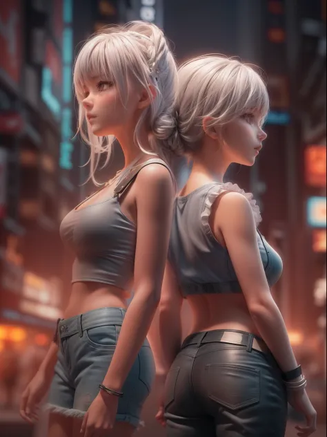 Movie Angle,(2 cute maidens face to face,Brunette on the left,White hair on the right,Anatomically correct,Close-up,The girl on the right with the masterpiece of the cover: solidcolor,greybackground,Representative Works: Cyberpunk gray top,Black leather sk...