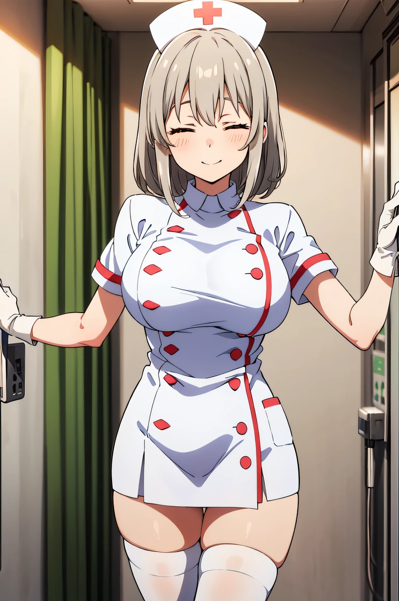 uzaki tsuki, closed eyes, large breasts, solo, Nurse, ((White nurse cap, White nurse uniform)), ((White legwear, zettai ryouiki)), White Gloves, Smile, Standing, ((Hospital room)), sharp outline, Short sleeves, Best Quality, masutepiece