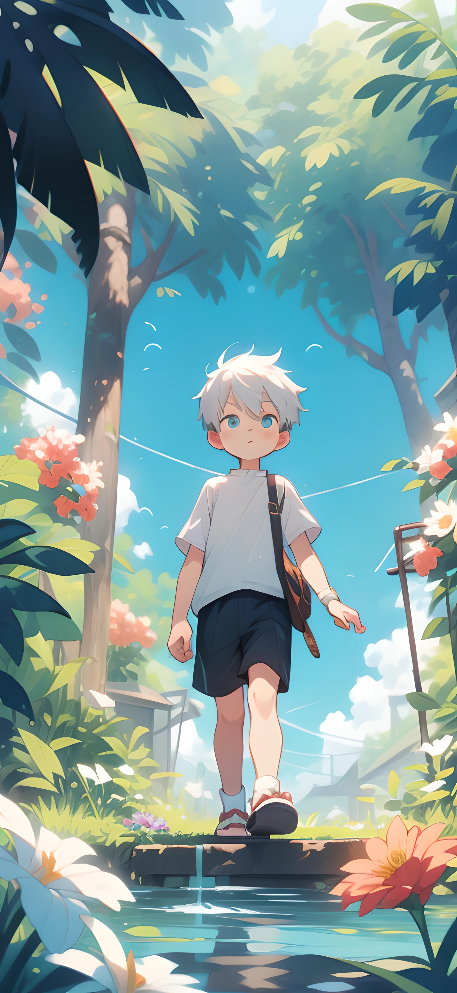 La pequeña Shota, de pelo blanco y calcetines blancos, caminando en un mar de flores.