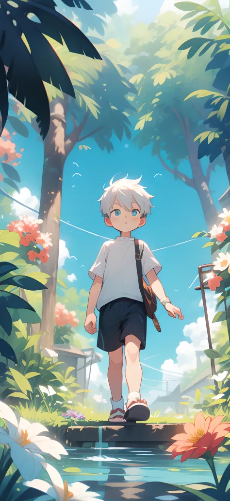 White-haired and white-socked little Shota walking in a sea of flowers