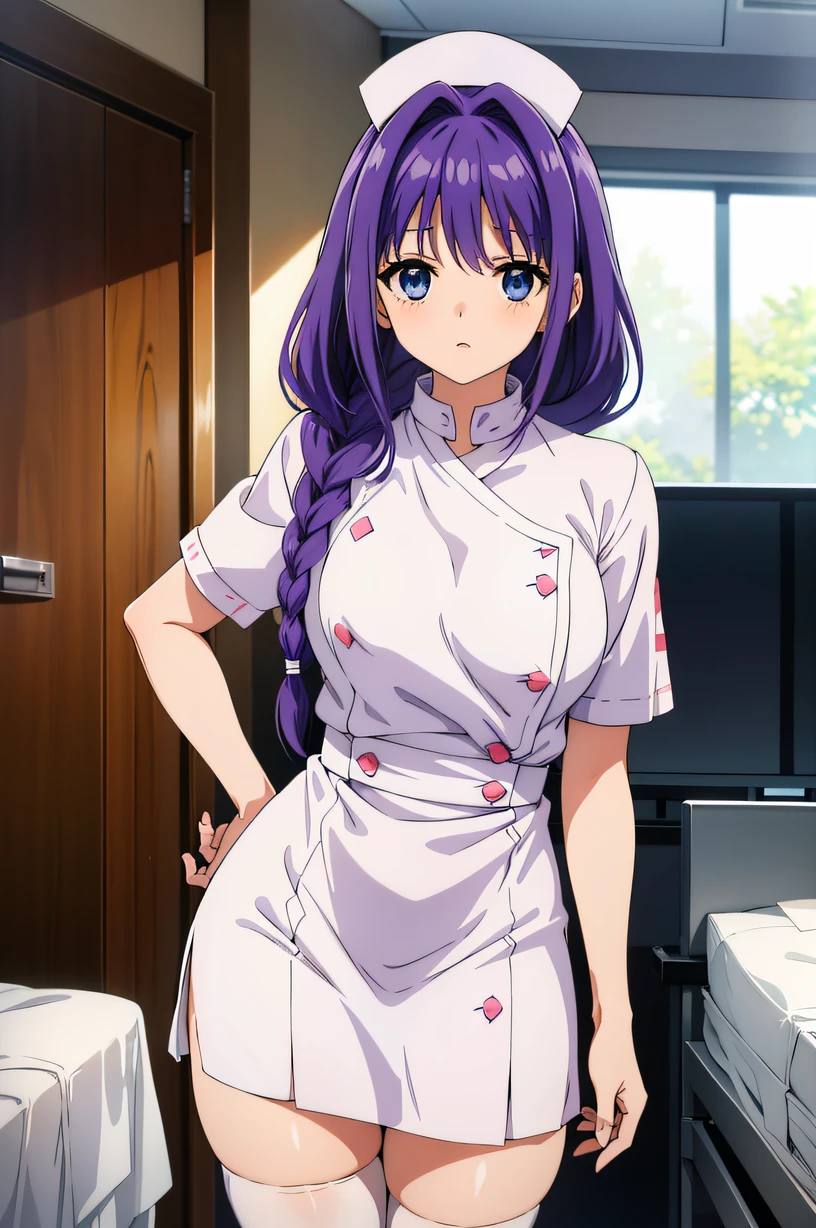 akiko_minase, long hair, purple hair, blue eyes, braid, single braid, hair intakes, hair over shoulder, mature female, large breasts, solo, Nurse, ((White nurse cap, White nurse uniform)), ((White legwear, zettai ryouiki)), White Gloves, ((White surgical mask, Cover the nose)), Standing, ((Hospital room)), sharp outline, Short sleeves, Best Quality, masutepiece