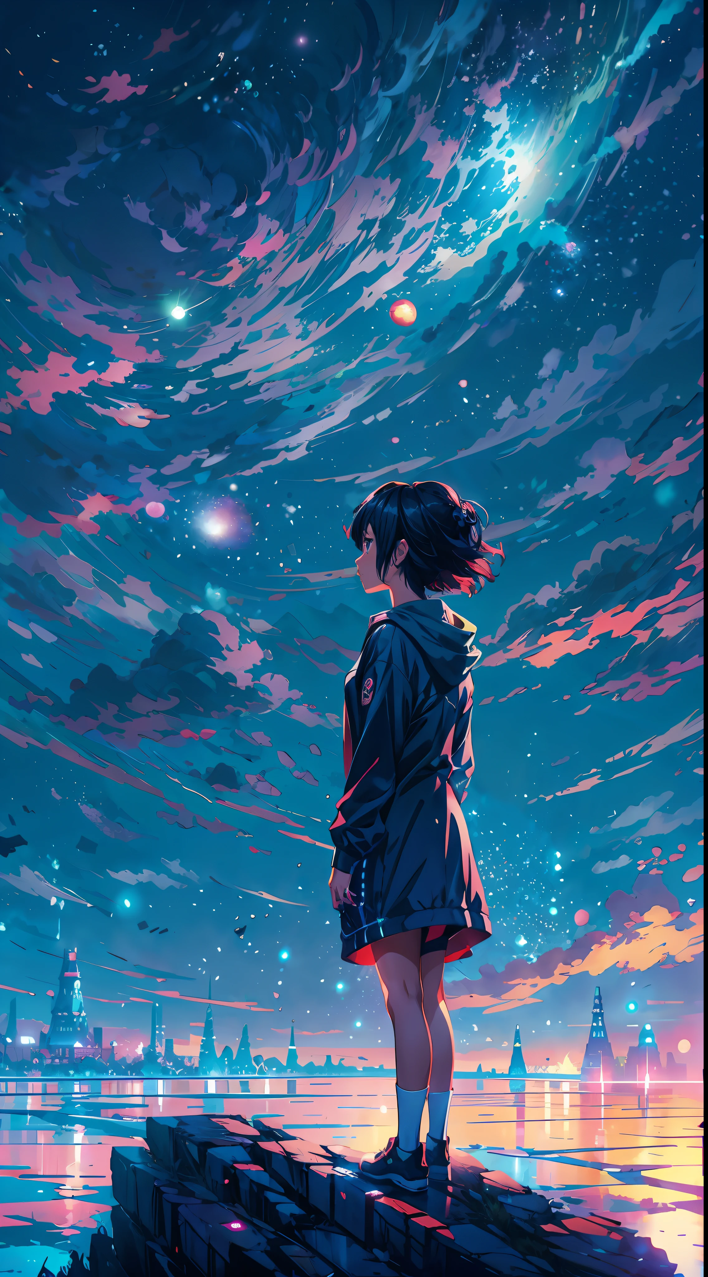 anime girl standing on a rock looking at a star filled sky, makoto shinkai cyril rolando, anime art wallpaper 4k, anime art wallpaper 4 k, anime art wallpaper 8 k, cosmic skies. by makoto shinkai, inspired by Cyril Rolando, in the style dan mumford artwork, amazing wallpaper, by Yuumei