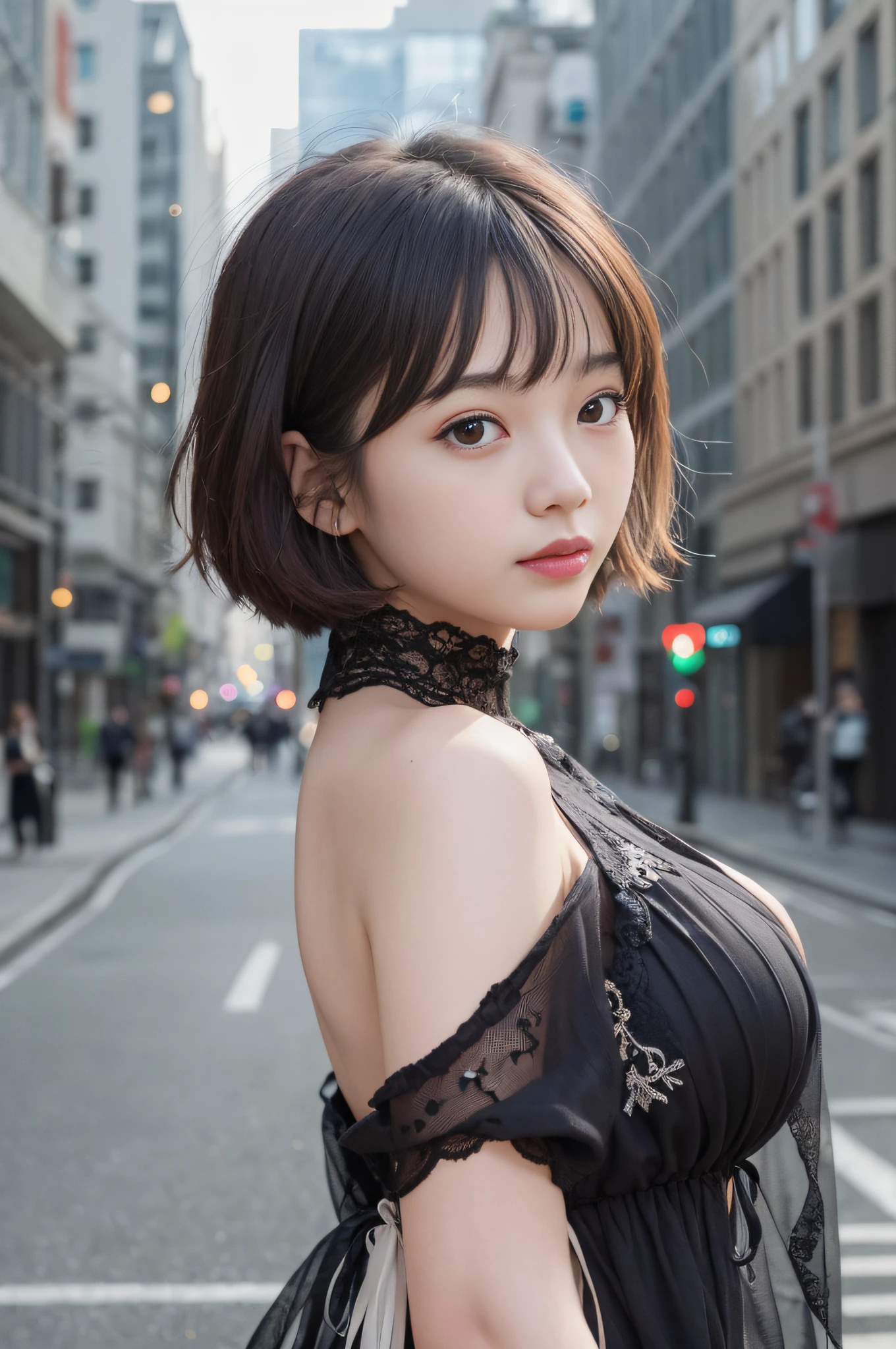 randome pose, mix4, (8K, Raw photography, top-quality, ​masterpiece: 1.45), (realisitic, Photorealsitic: 1.37), one girls, cute little, A smile、Cityscape, natta, profetional lighting, photon maping, Radio City, physically-based renderingt, Gradient black hair, white  hair, short  curly hair, a handsome, girl with, tiny chest、(Raw photography、top-quality)、(realisitic、Photorealsitic:1.3)、top-quality、​masterpiece、extremely delicate and beautiful、A highly detailed、nffsw、A sense of unity、2k wallpaper、magnificent、Beautiful in every detail、​masterpiece、Smile、top-quality、Highly detailed ticker Unity 8K wallpapers、huge filesize、Ultra-detail、hight resolution、ighly detailed、Female 1 Person、Slim body、D-cups、Black Dress、(brown haired)、looking at viewert、pureerosface_v1:0.8 Short Hair、Photos of the architectural district。Black Dress。Hair is black。cheeks are slightly pink。Transparent skin。A smile that makes you feel innocent。 Her eyes with、Illuminated by soft light。Her skin is shiny and shiny、Glossy、Glossy、Glossy、Glossy。Loose fluffy bob,Hair swaying in the wind makes her charm even more pronounced.。(makeups:0.4)、(fluffy black eyes:1.21)、Black eyes。dark brown hair、Social media and profile pages、Park Gyu-young, female actress from korea, Cute Korean Actress。top-quality、​masterpiece、extremely delicate and beautiful、ighly detailed、8K Picture Wallpaper、astonishing、finely detail、huge filesize、ighly detailed、hight resolution、extremely detailed eye and face、 Stunning detailed eyes、Facial light、(The best illustrations:1.1)、超A high resolution、(Photorealsitic:1.1)、(Photorealistic 1.2:1.1)、Realistic facial proportions、Slimed、A smile、(Irregular irregular skin defects、Vein、Wrinkled pores on the skin:1.2)、top quality photo, hight resolution, 1080P, (clearface), (Detailed face description), (Detailed hand description), (​masterpiece), lifelike, extreme light and shadows, dishevled hair, ​masterpiece, lush detail, (Fine facial features), (Highest Quality Photos), (​masterpiece), (finely eye), Look in front of you, Fine clavicle,