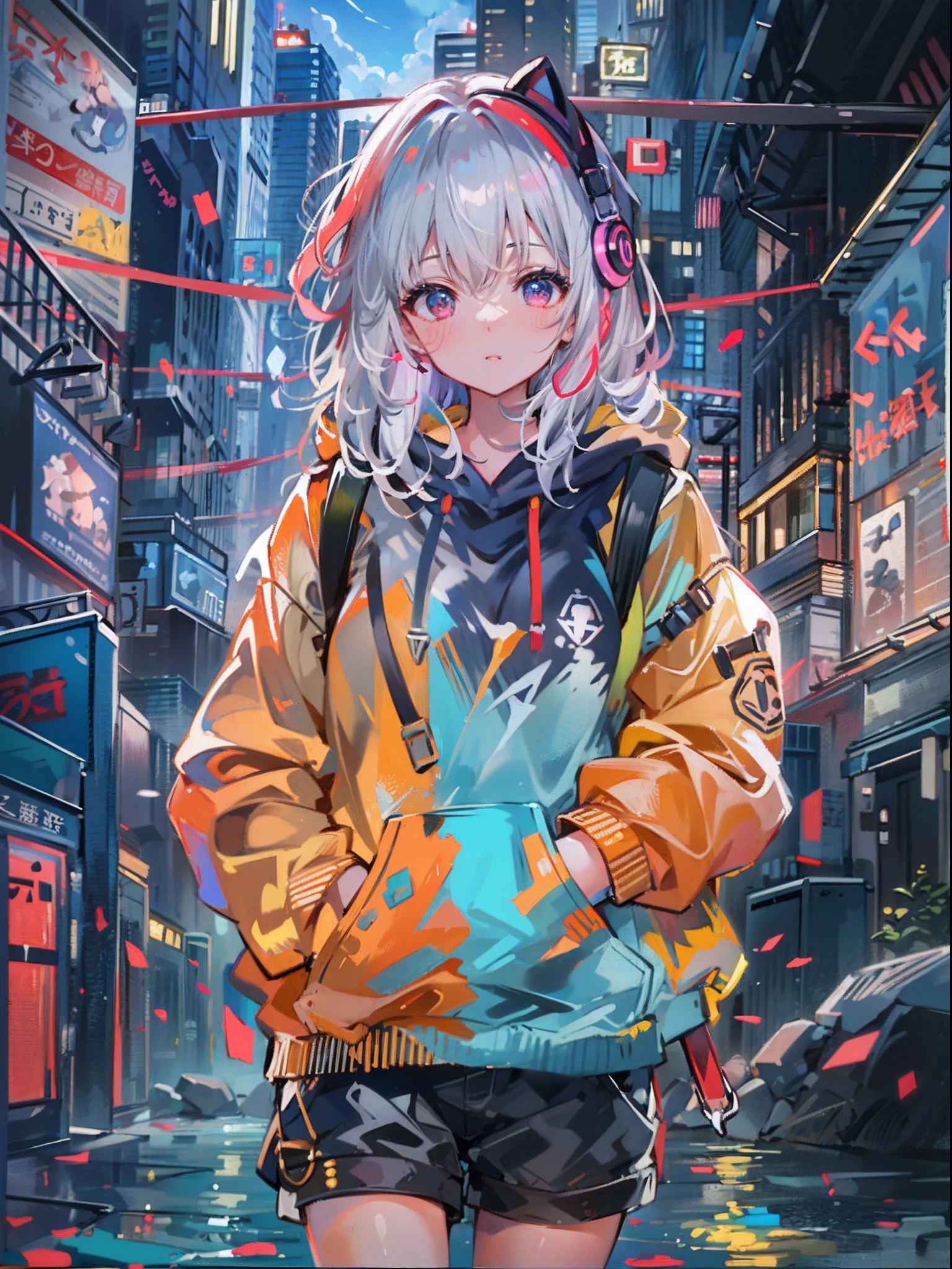 8K resolution、((top-quality))、((masterwork))、((Ultra-detail))、1 woman、solo、incredibly absurdness、Oversized Hoodies、headphones、street、plein air、Sateen、neons、Shortcut Hair、Brightly colored eyes、Hands in pockets、shortpants、water dripping