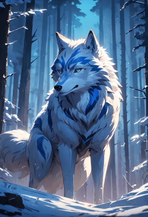 "Surreal 32K level（32K）Portrait of a Russian wolf，Capture every pore and texture with a delicate texture and form，A huge and mysterious wild wolf，Covered in blue and white stripes，A stark contrast to the surrounding landscape，The background is a wide sky，D...