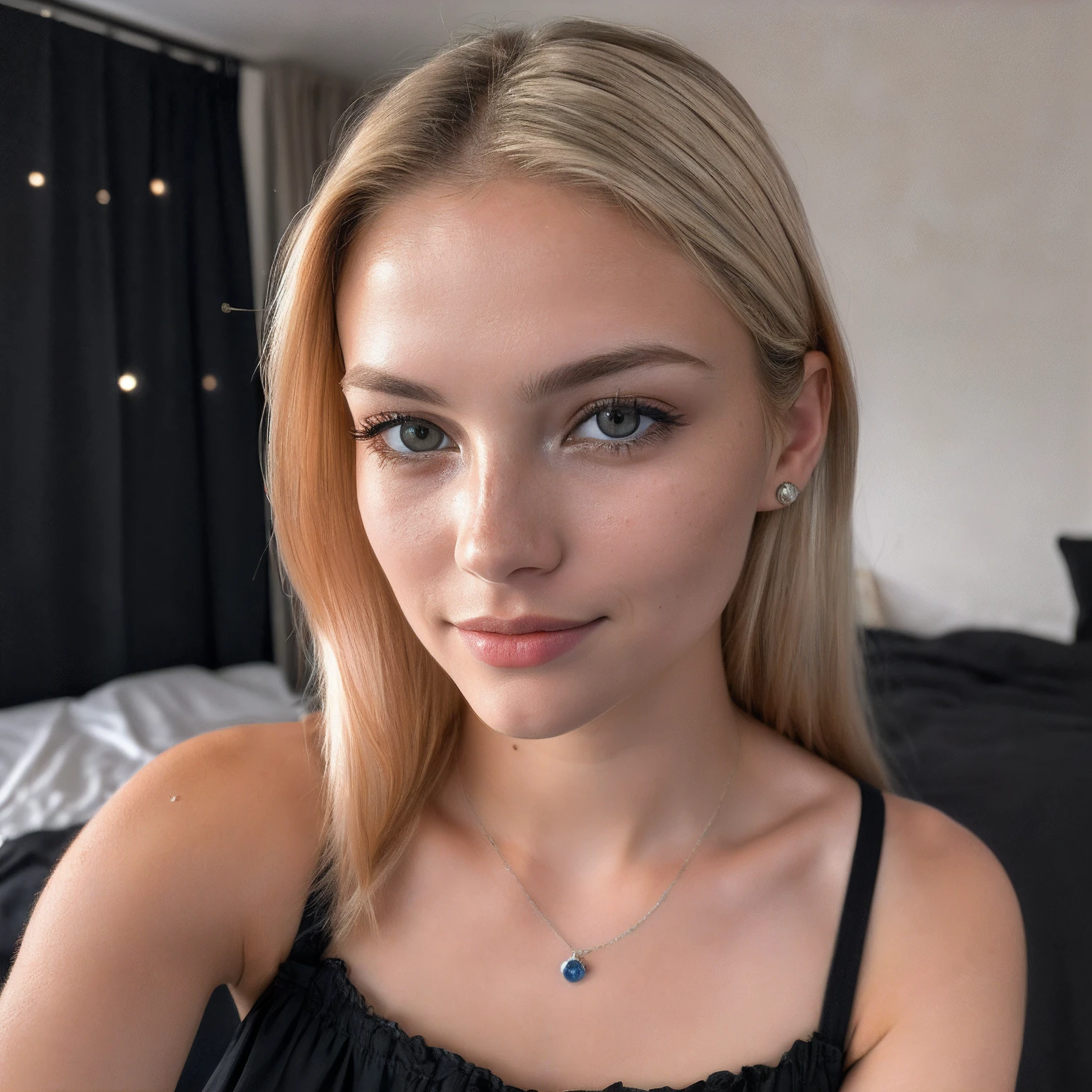 (selfie, top view: 1.4), (straight full body: 1.4), RAW UHD portrait photo of a 24-year-old blonde (hazel-eyed woman) standing in her bedroom (skirt), (neckline), details (textures! , hair! , glitter, color!! , disadvantages: 1.1), glossy eyes with high detail (looking at the camera), SLR lighting, SLR camera, ultra-quality, sharpness, depth of field, film grain (center), Fujifilm XT3, crystal clear, frame center, beautiful face, sharp focus, bokeh (dimly lit), night, (night sky), detailed skin pores, oily skin, sunburn, complex eye details, full body, large breasts